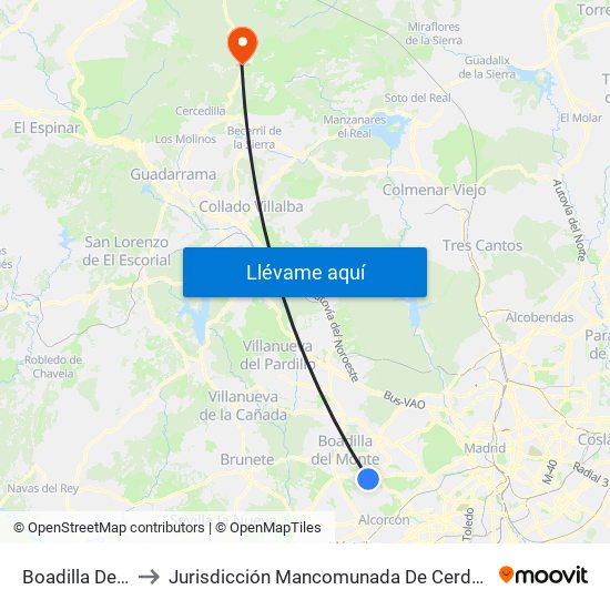 Boadilla Del Monte to Jurisdicción Mancomunada De Cerdedilla Y Navacerrada map