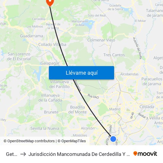 Getafe to Jurisdicción Mancomunada De Cerdedilla Y Navacerrada map