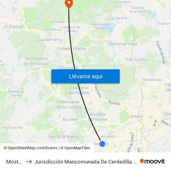 Móstoles to Jurisdicción Mancomunada De Cerdedilla Y Navacerrada map