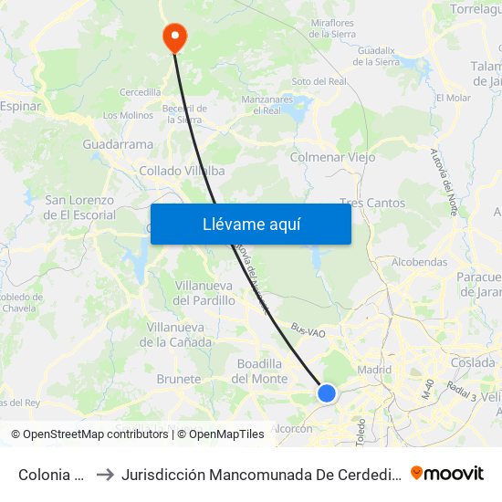 Colonia Jardín to Jurisdicción Mancomunada De Cerdedilla Y Navacerrada map