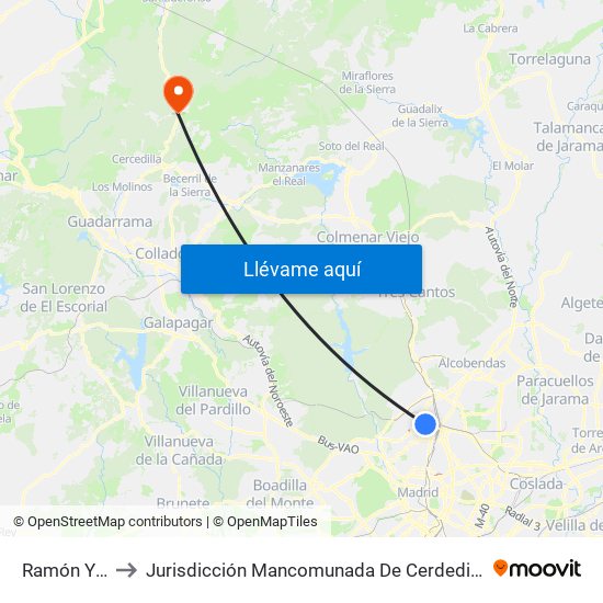 Ramón Y Cajal to Jurisdicción Mancomunada De Cerdedilla Y Navacerrada map