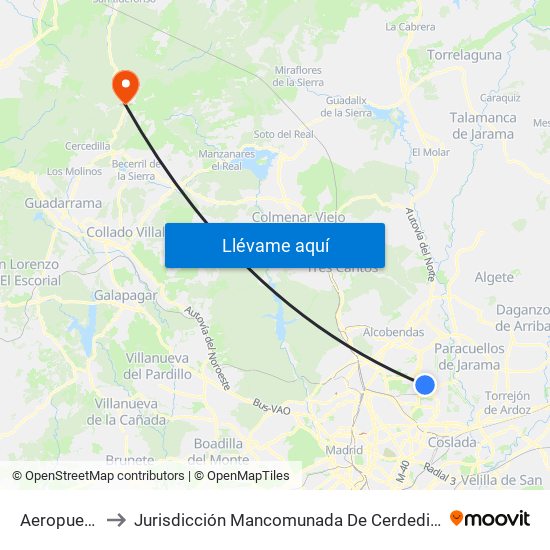 Aeropuerto T4 to Jurisdicción Mancomunada De Cerdedilla Y Navacerrada map