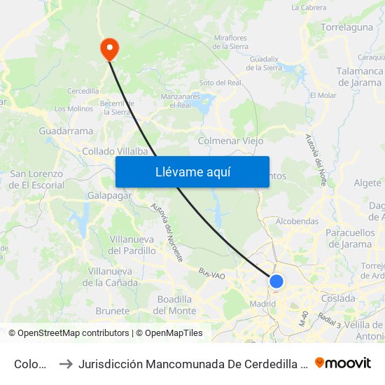 Colombia to Jurisdicción Mancomunada De Cerdedilla Y Navacerrada map