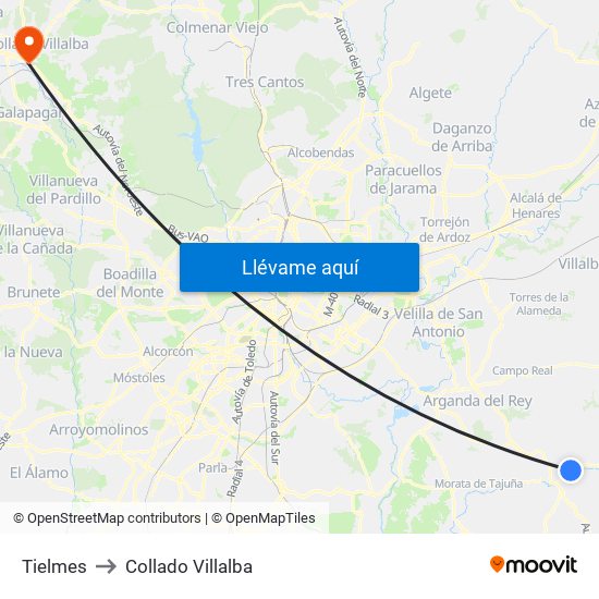 Tielmes to Collado Villalba map