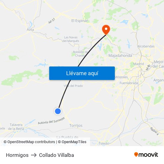 Hormigos to Collado Villalba map