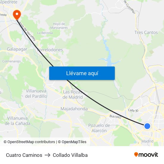 Cuatro Caminos to Collado Villalba map