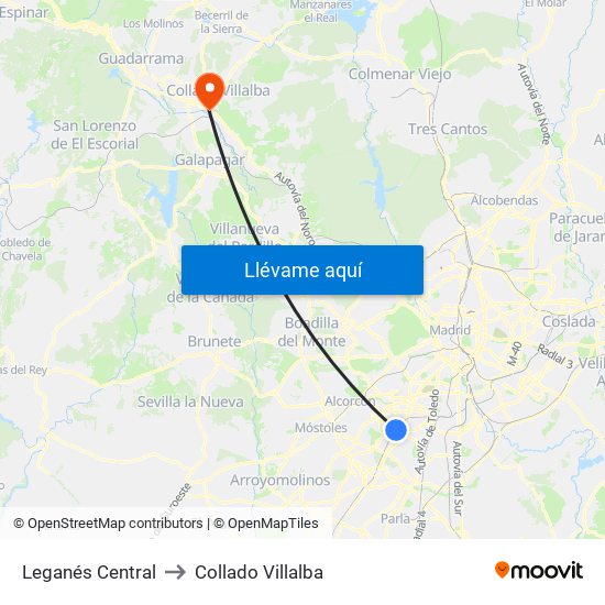 Leganés Central to Collado Villalba map