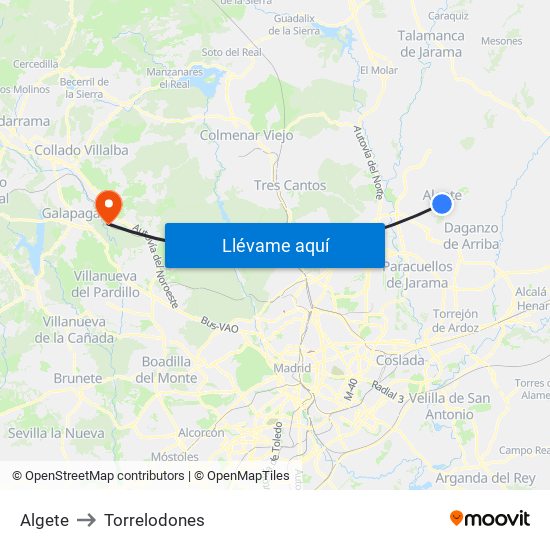 Algete to Torrelodones map