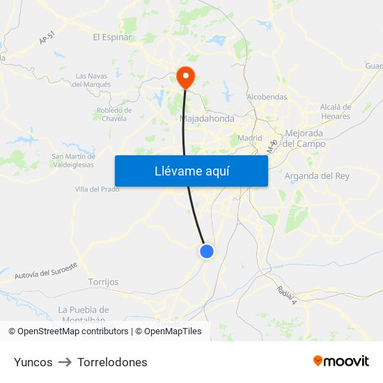 Yuncos to Torrelodones map