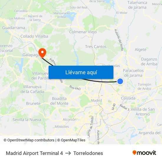 Madrid Airport Terminal 4 to Torrelodones map