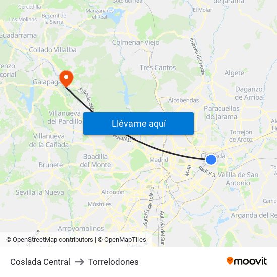 Coslada Central to Torrelodones map