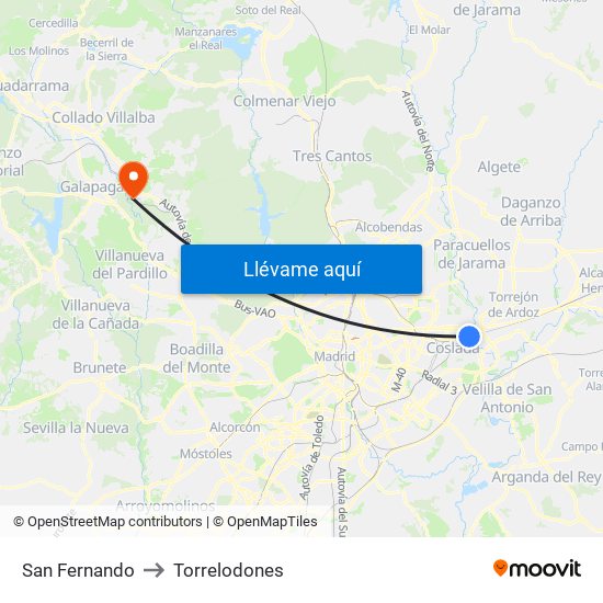 San Fernando to Torrelodones map