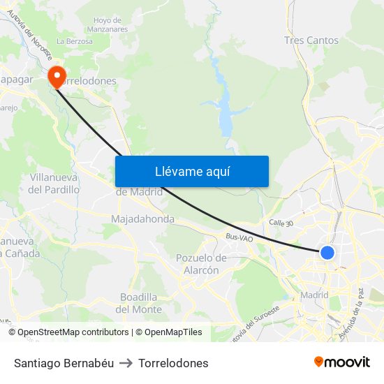 Santiago Bernabéu to Torrelodones map