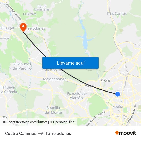 Cuatro Caminos to Torrelodones map