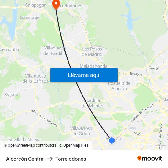 Alcorcón Central to Torrelodones map