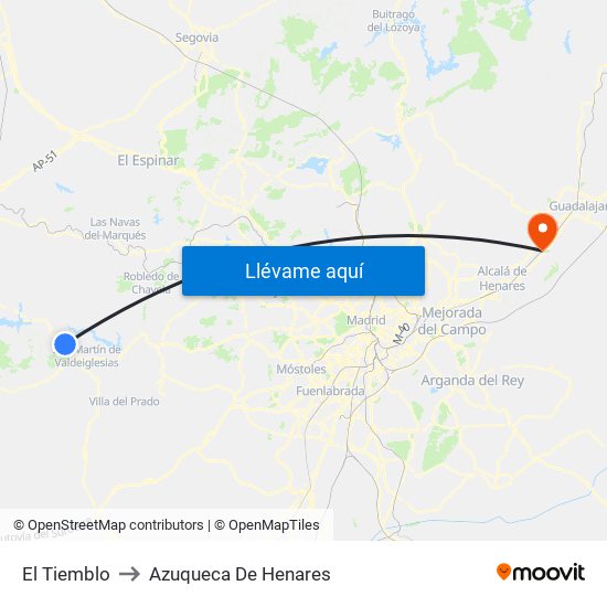El Tiemblo to Azuqueca De Henares map