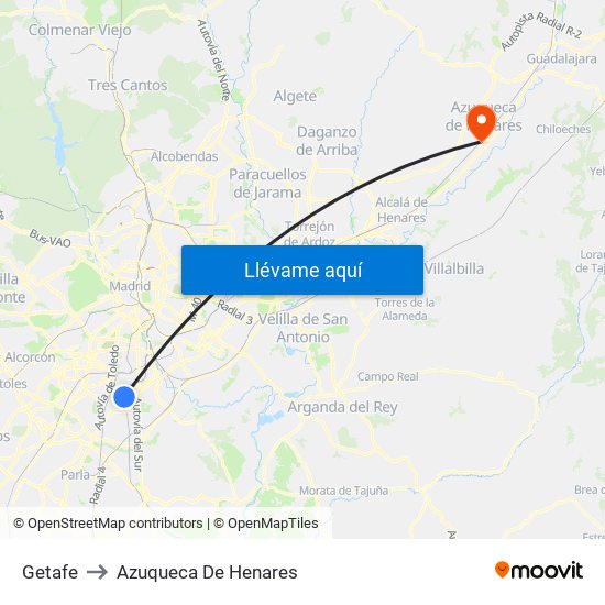 Getafe to Azuqueca De Henares map
