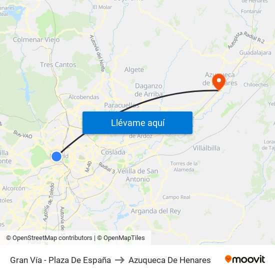 Gran Vía - Plaza De España to Azuqueca De Henares map