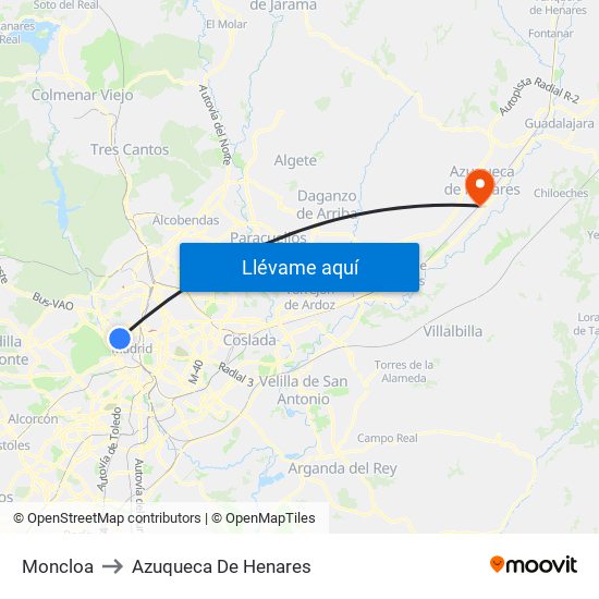 Moncloa to Azuqueca De Henares map