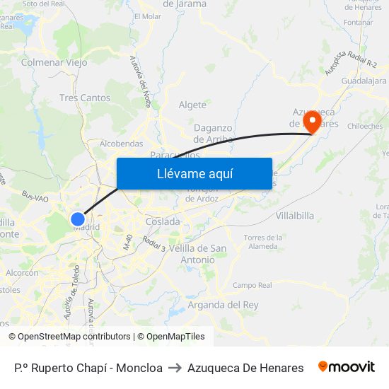 P.º Ruperto Chapí - Moncloa to Azuqueca De Henares map