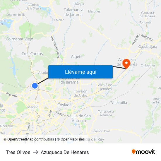 Tres Olivos to Azuqueca De Henares map