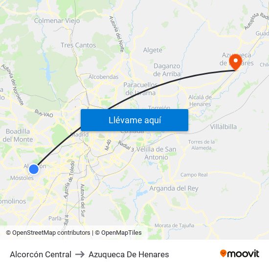 Alcorcón Central to Azuqueca De Henares map