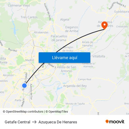 Getafe Central to Azuqueca De Henares map