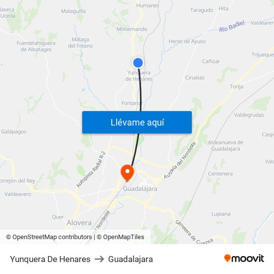 Yunquera De Henares to Guadalajara map