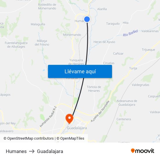 Humanes to Guadalajara map