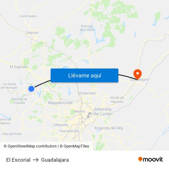 El Escorial to Guadalajara map