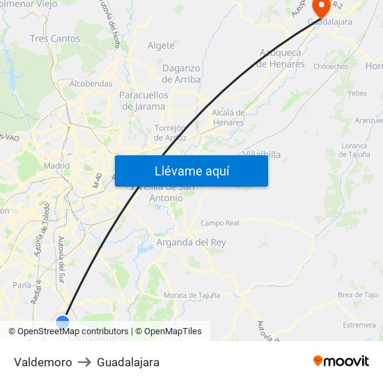 Valdemoro to Guadalajara map