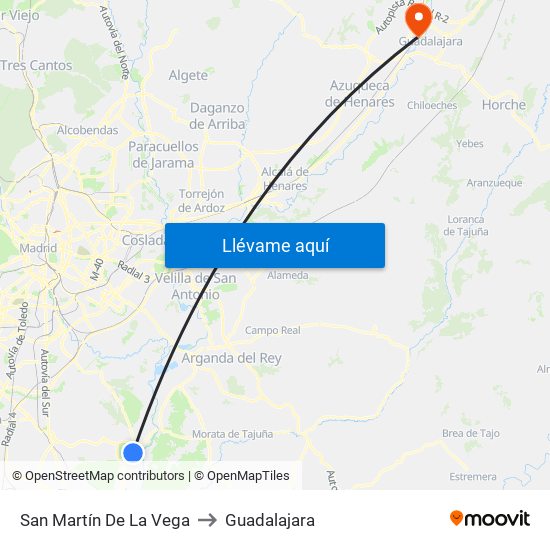 San Martín De La Vega to Guadalajara map