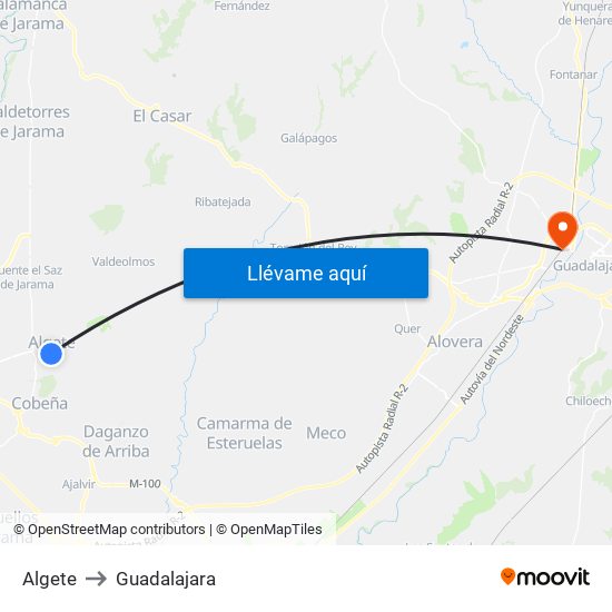 Algete to Guadalajara map