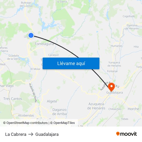 La Cabrera to Guadalajara map