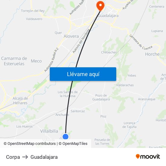 Corpa to Guadalajara map