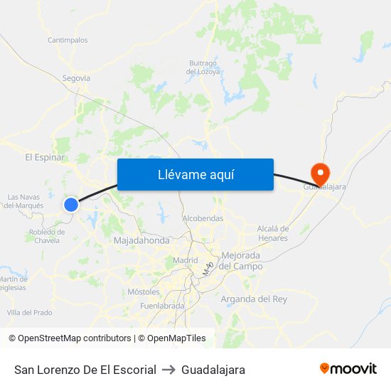 San Lorenzo De El Escorial to Guadalajara map