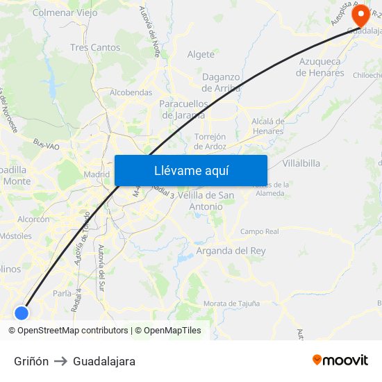 Griñón to Guadalajara map