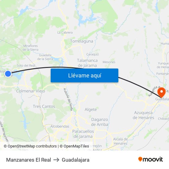 Manzanares El Real to Guadalajara map