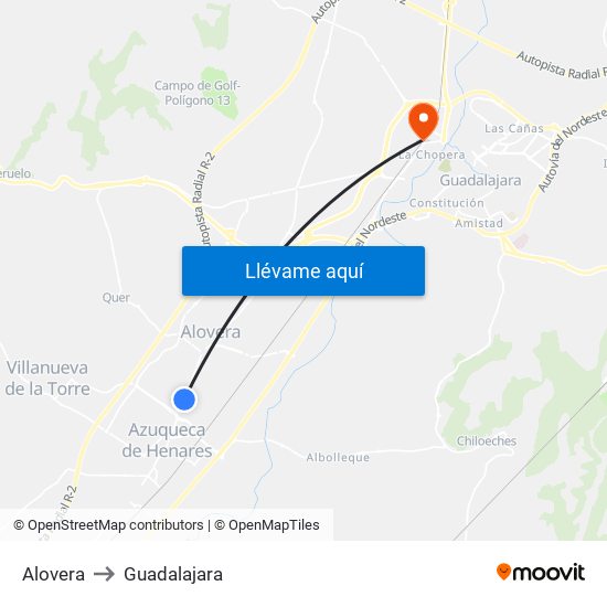 Alovera to Guadalajara map