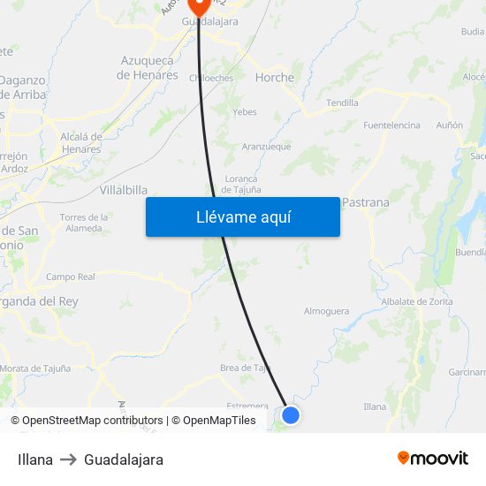 Illana to Guadalajara map