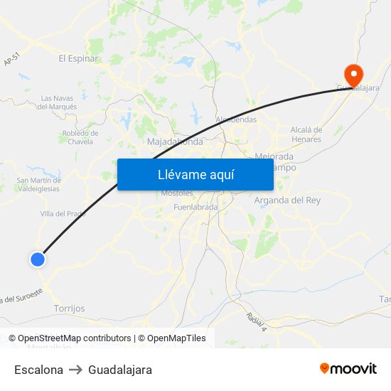 Escalona to Guadalajara map