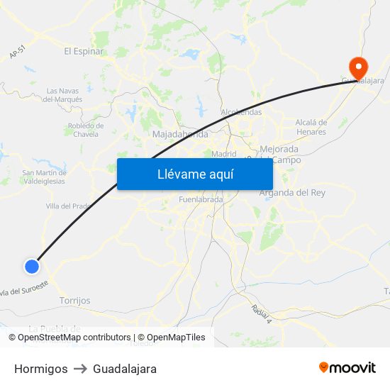 Hormigos to Guadalajara map