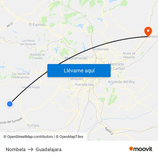 Nombela to Guadalajara map