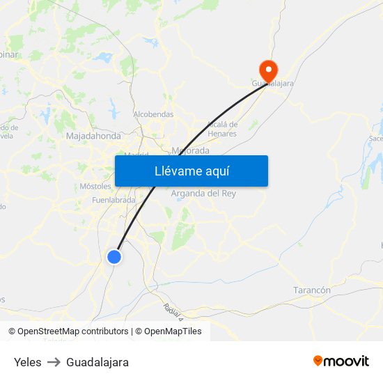 Yeles to Guadalajara map