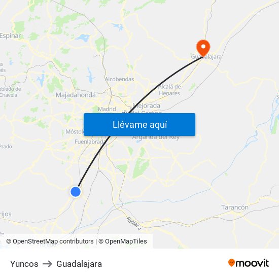 Yuncos to Guadalajara map