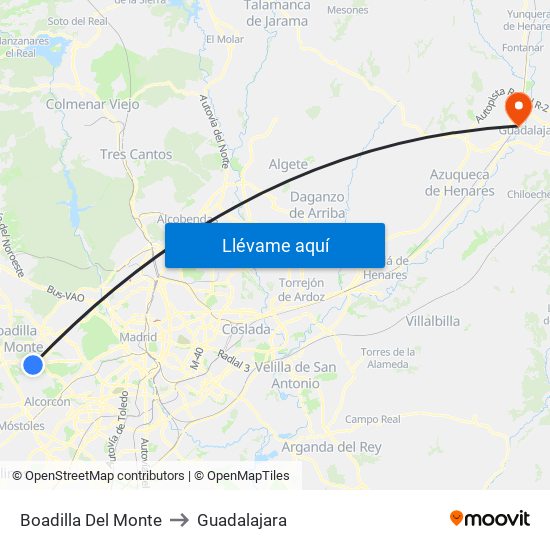 Boadilla Del Monte to Guadalajara map