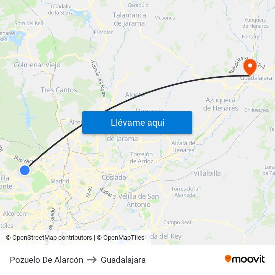 Pozuelo De Alarcón to Guadalajara map