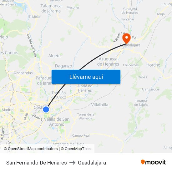 San Fernando De Henares to Guadalajara map