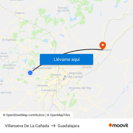 Villanueva De La Cañada to Guadalajara map