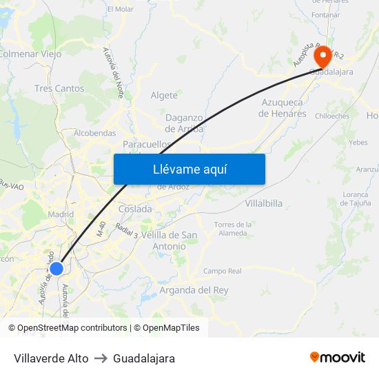 Villaverde Alto to Guadalajara map
